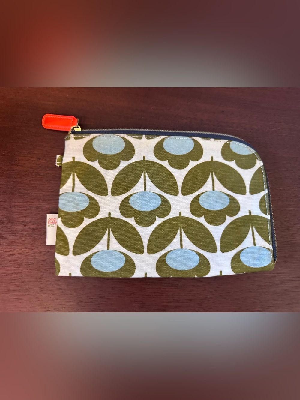 Orla Kiely Olive Green and Light Blue Floral Zip Pouch